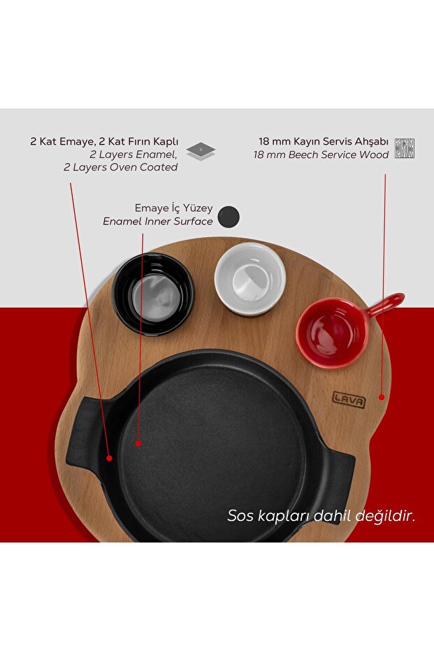 Döküm Yuvarlak Sahan Döküm Demir Yekpare Çift Kulplu Kayın Servis Ahşabı. Çap(Ø)18cm. - 6