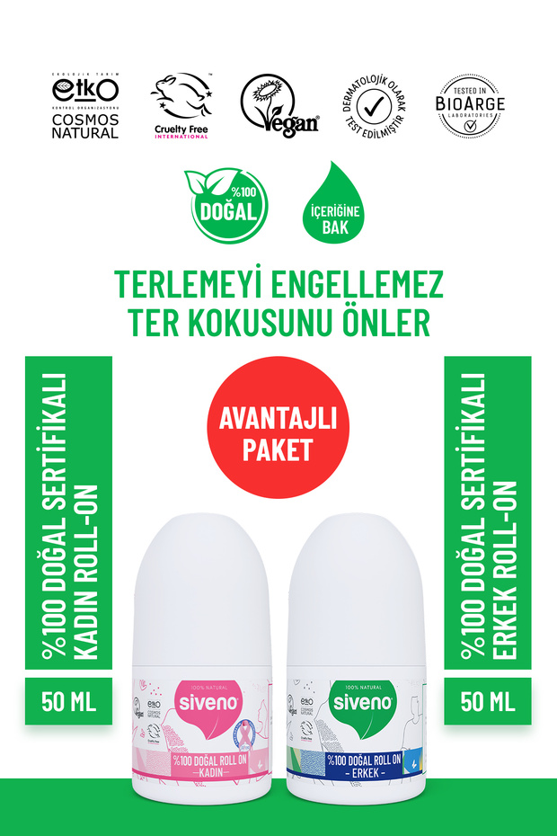 %100 Doğal Roll On Kadın & Erkek Deodorant Ter Kokusu Önleyici Bitkisel Lekesiz 50 ml Set - 1