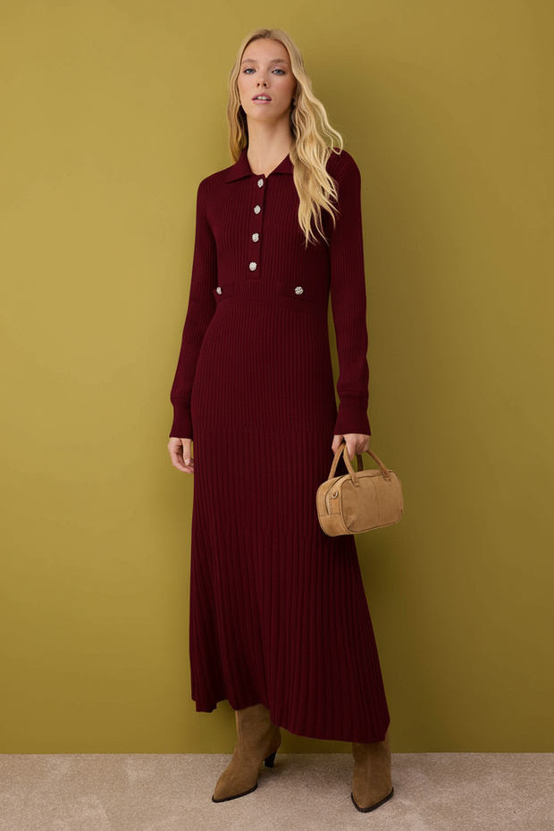 Bordo Astarsız Düz Triko Ribana/Kaşkorse Tesettür Elbise TCTAW26EB00012 - 1