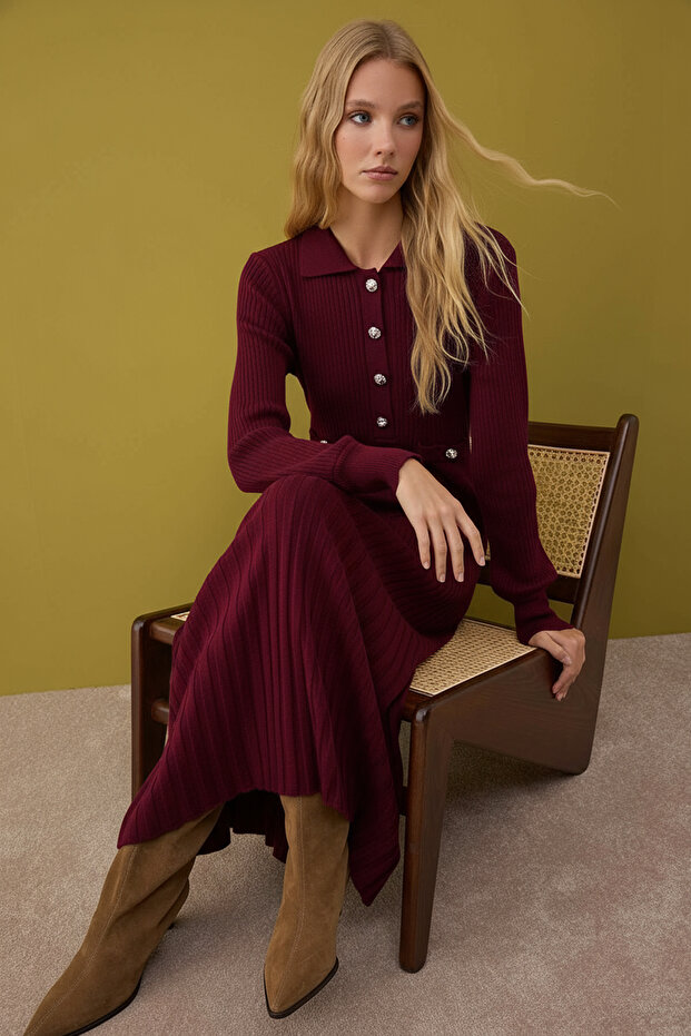 Bordo Astarsız Düz Triko Ribana/Kaşkorse Tesettür Elbise TCTAW26EB00012 - 2