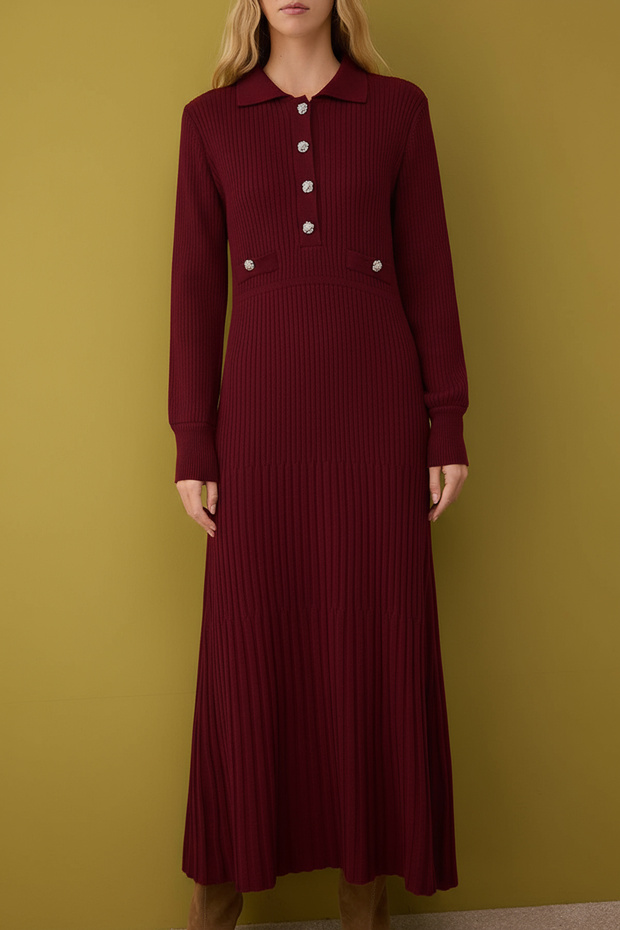 Bordo Astarsız Düz Triko Ribana/Kaşkorse Tesettür Elbise TCTAW26EB00012 - 3