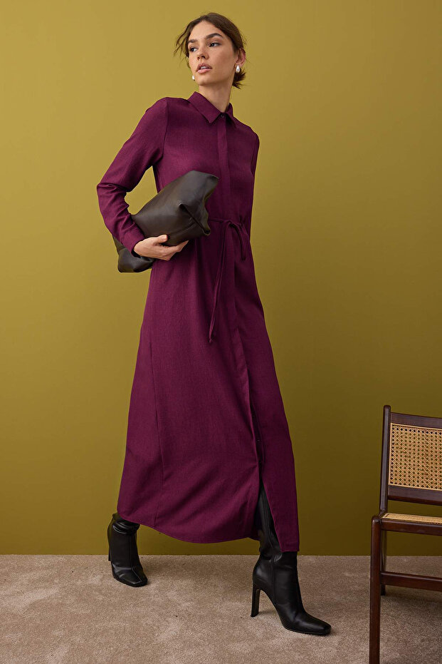Bordo Bağcık Detaylı Gömlek Elbise TCTAW26EB00021 - 2
