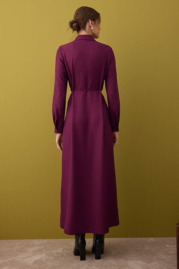 Bordo Bağcık Detaylı Gömlek Elbise TCTAW26EB00021 - 4