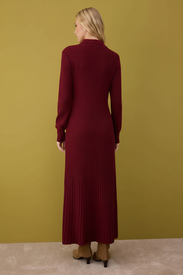 Bordo Astarsız Düz Triko Ribana/Kaşkorse Tesettür Elbise TCTAW26EB00012 - 4