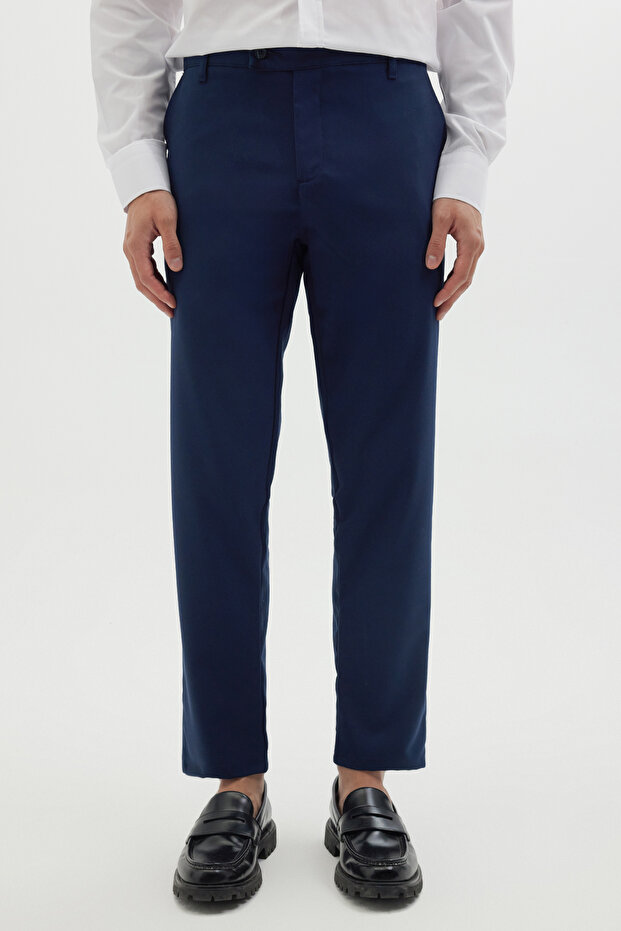 Men's Slim Fit Slim-Fit Stretchable Side Pocket Ankle Length Canvas Cut Navy Blue Trousers