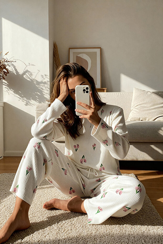 Beyaz Pamuklu Çiçekli Yumuşak Tuşe Fitilli Örme Pijama Takımı THMAW26PT00218 - 1