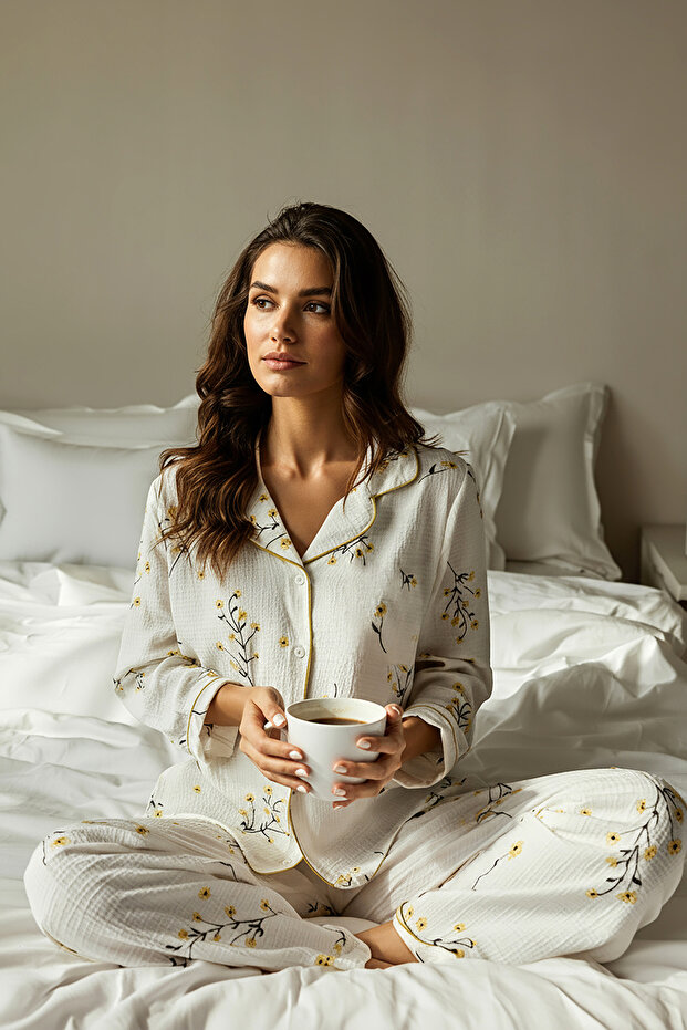 Beyaz-Sarı Dokulu Çiçekli Biyeli Örme Pijama Takımı THMAW26PT00212 - 1
