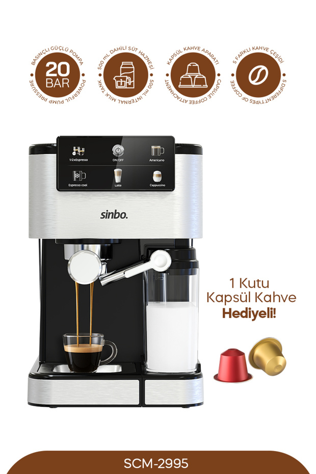 Scm‑2995 Kapsüllü & Toz Kahve Espresso Makinesi – 20 bar Basınç, Süt Haznesi, Dokunmatik - 1