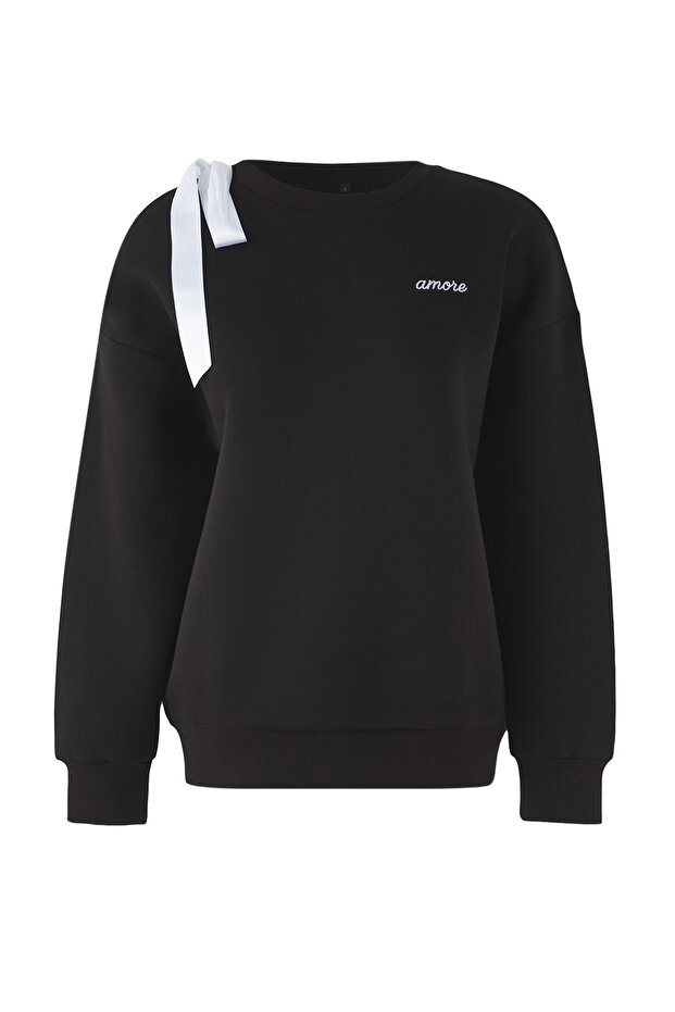 Teen Siyah Açık Omuzlu Slogan Nakışlı Kalın İçi Polarlı Örme Sweatshirt TWOAW26SW00139 - 5