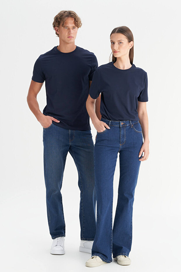 Erkek/unisex Lacivert %100 Pamuk Slim Fit Dar Kesim Bisiklet Yaka Basic Tişört - 7