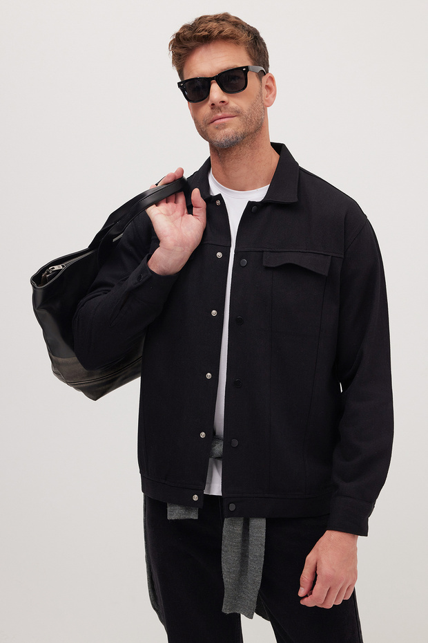 Men's Relax Fit Relax Fit Lumberjack Lapel Double Pocket Clamshell Solid Black Winter Shirt