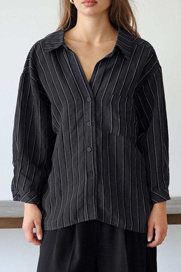 Siyah Çizgili Oversize/Geniş Kalıp Dokulu Gömlek TWOAW26GO00083 - 3