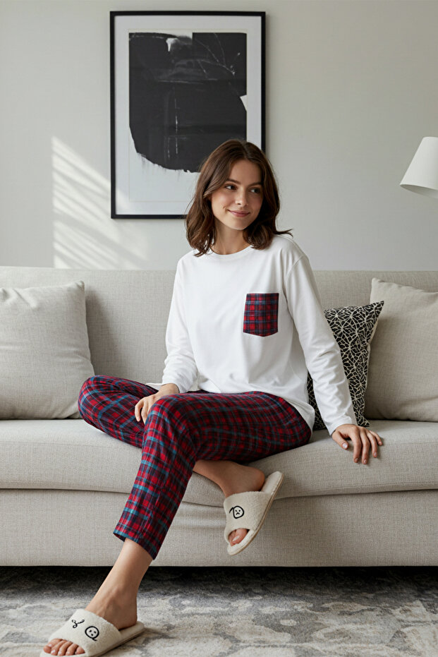 Beyaz %100 Pamuklu Ekoseli Cep Detaylı Örme Pijama Takımı THMAW24PT00228 - 1