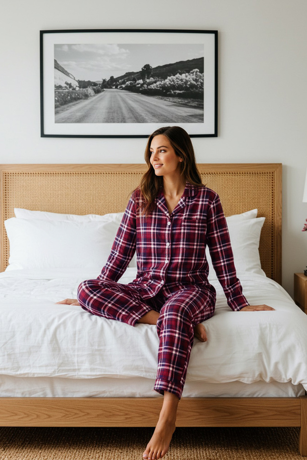 Bordo Ekoseli Yumuşak Hissiyatlı Fırçalı Kumaş Uyku Bantlı Örme Pijama Takımı THMAW24PT00100