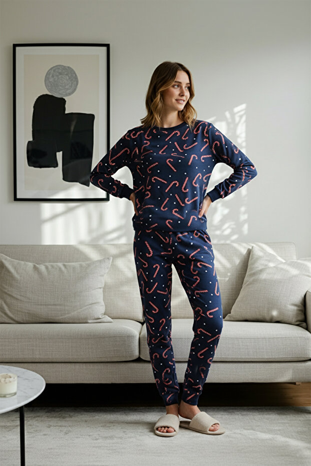 Lacivert %100 Pamuklu Yılbaşı Temalı Örme Pijama Takımı THMAW21PT0771 - 1
