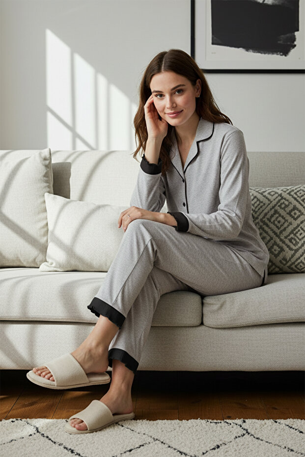Gri Melanj %100 Pamuklu Fırfırlı Biyeli Örme Pijama Takımı THMAW24PT00007 - 2