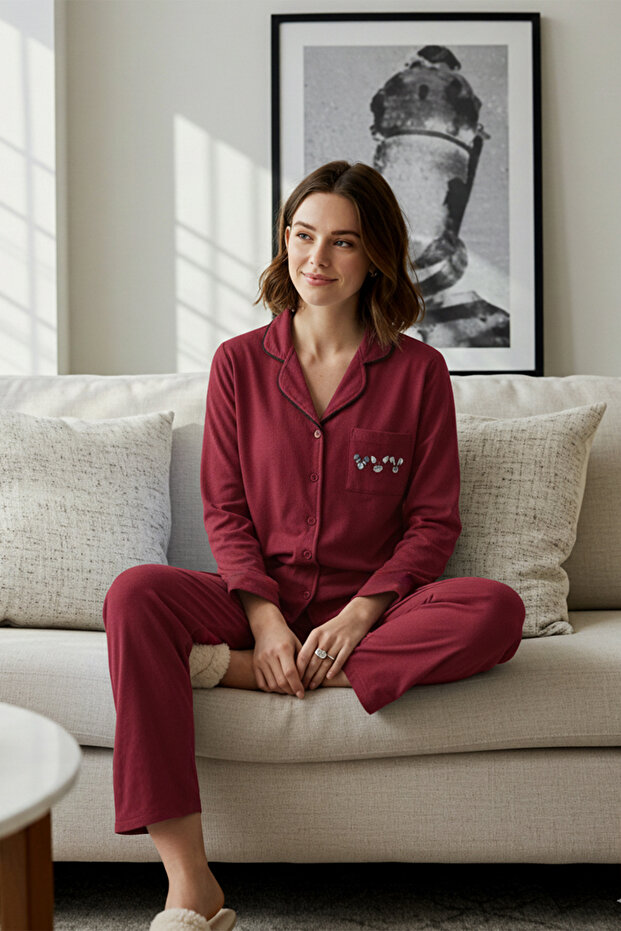 Bordo %100 Pamuklu Biye ve Cep Detaylı Baskılı Örme Pijama Takımı THMAW22PT0785 - 1