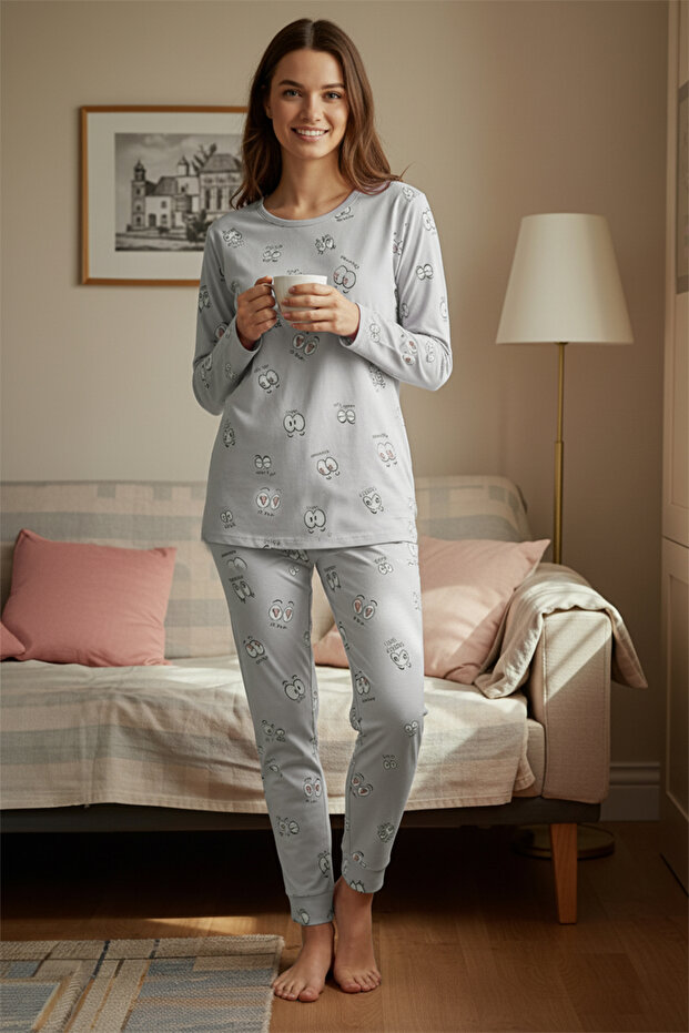 Gri %100 Pamuklu Göz Desenli T-shirt-Jogger Örme Pijama Takımı THMAW22PT0270 - 1