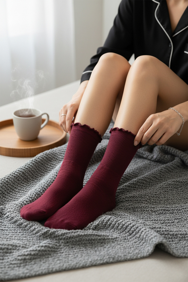 Bordo-Pudra-Gri 3'lü Paket Pamuklu Lastik Ağzı Marul Detaylı Örme Çorap THMAW24CO00019 - 1