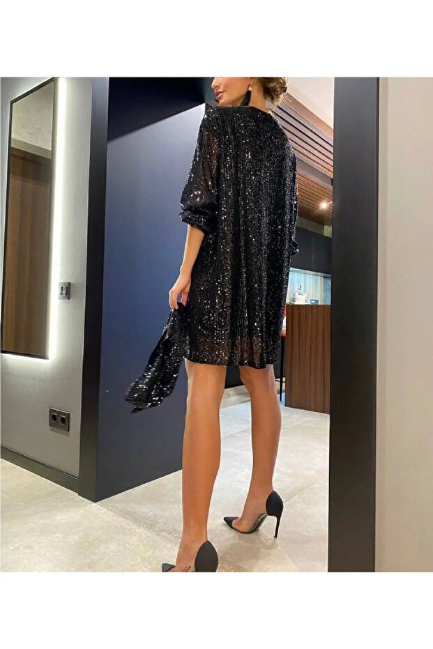 Siyah Geniş Beden Kemerli Payetli Elbise - 2