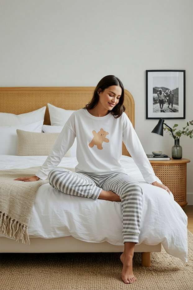 Gri %100 Pamuklu Ayıcıklı Örme Pijama Takımı THMAW21PT0302 - 1