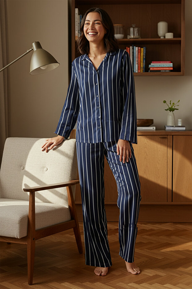 Navy Blue Striped Viscose Shirt-Pants Woven Pajamas Set Thmaw23Pt00158