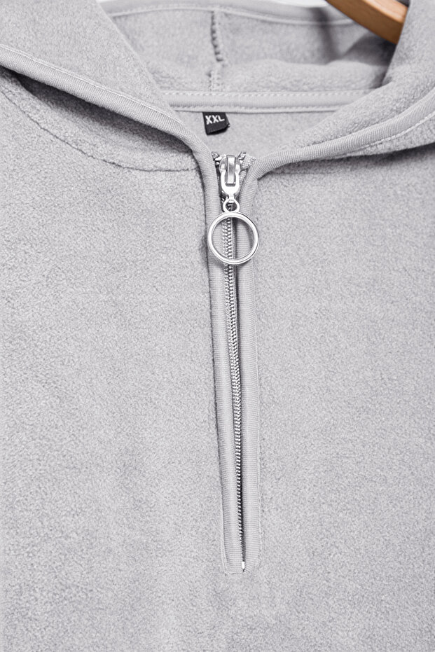 Gri Kalın Polar Kapüşonlu ve Fermuarlı Oversize/Bol Kesim Örme Büyük Beden Sweatshirt TBBAW25AO00030 - 7