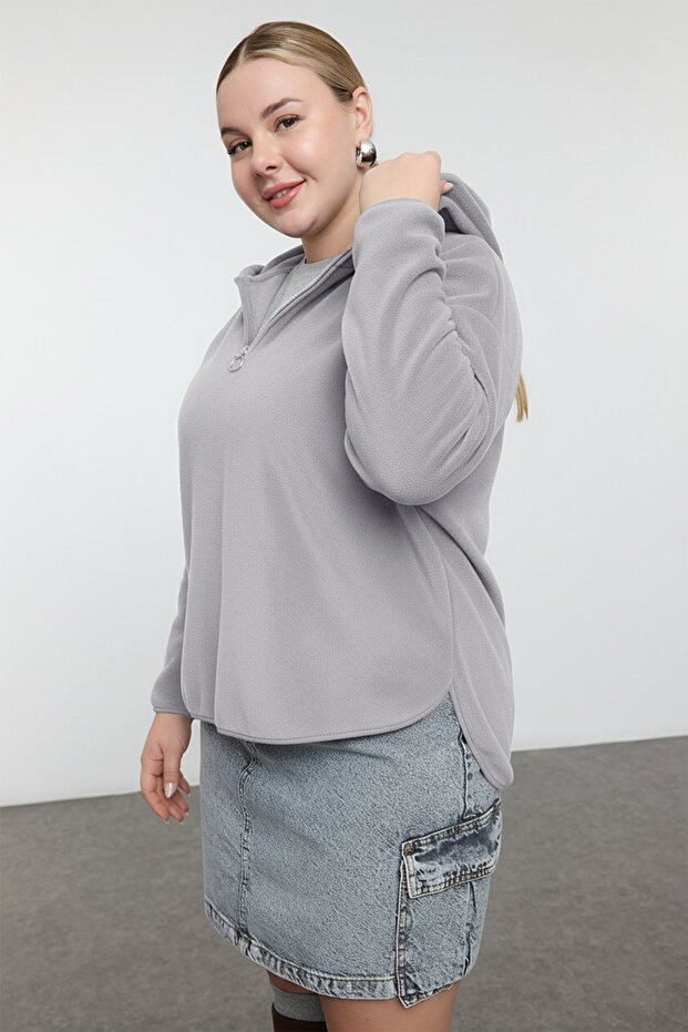 Gri Kalın Polar Kapüşonlu ve Fermuarlı Oversize/Bol Kesim Örme Büyük Beden Sweatshirt TBBAW25AO00030 - 4