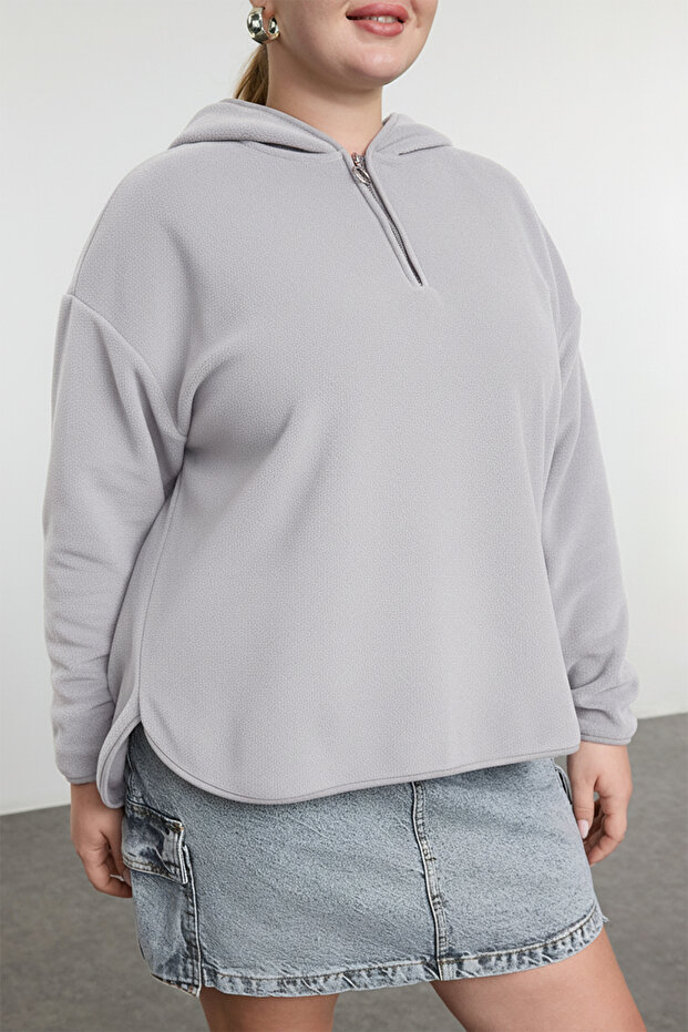 Gri Kalın Polar Kapüşonlu ve Fermuarlı Oversize/Bol Kesim Örme Büyük Beden Sweatshirt TBBAW25AO00030 - 5