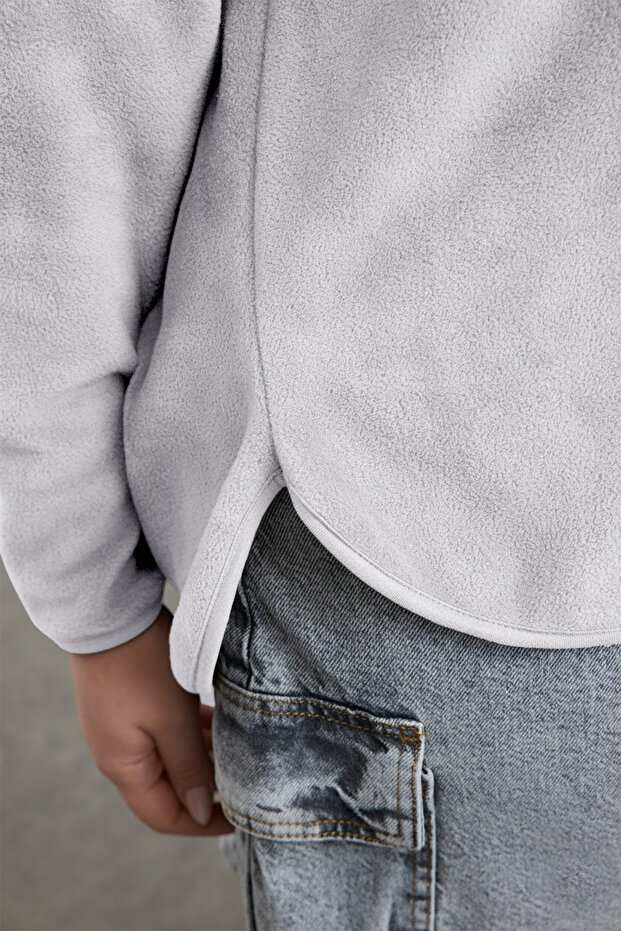 Gri Kalın Polar Kapüşonlu ve Fermuarlı Oversize/Bol Kesim Örme Büyük Beden Sweatshirt TBBAW25AO00030 - 6