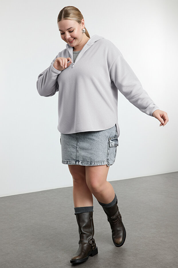 Gri Kalın Polar Kapüşonlu ve Fermuarlı Oversize/Bol Kesim Örme Büyük Beden Sweatshirt TBBAW25AO00030 - 3