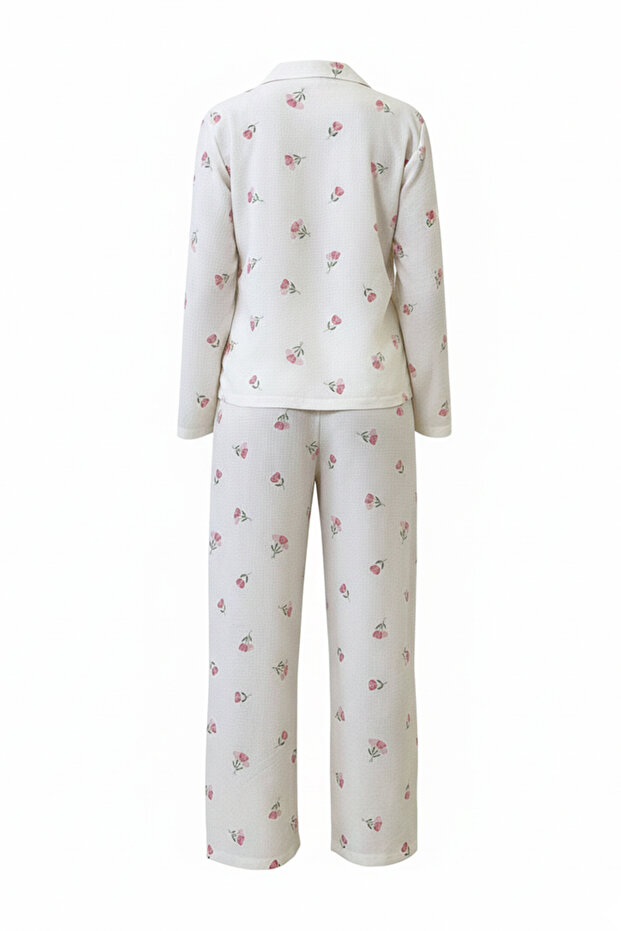 Beyaz-Pembe Dokulu Çiçekli Örme Pijama Takımı THMAW26PT00213 - 3