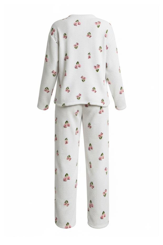 Beyaz Pamuklu Çiçekli Yumuşak Tuşe Fitilli Örme Pijama Takımı THMAW26PT00218 - 3