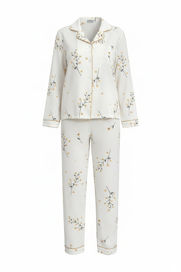 Beyaz-Sarı Dokulu Çiçekli Biyeli Örme Pijama Takımı THMAW26PT00212 - 2