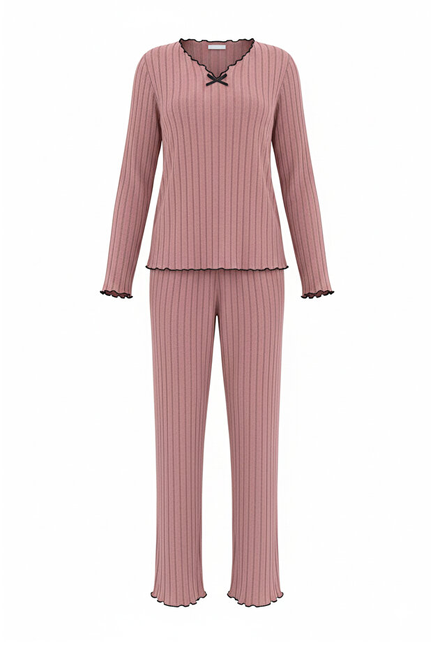 Gül Kurusu Pamuklu Baby Overlok Detaylı Fitilli Örme Pijama Takımı THMAW26PT00214 - 2