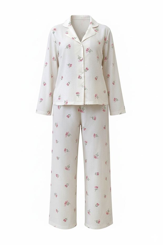 Beyaz-Pembe Dokulu Çiçekli Örme Pijama Takımı THMAW26PT00213 - 2