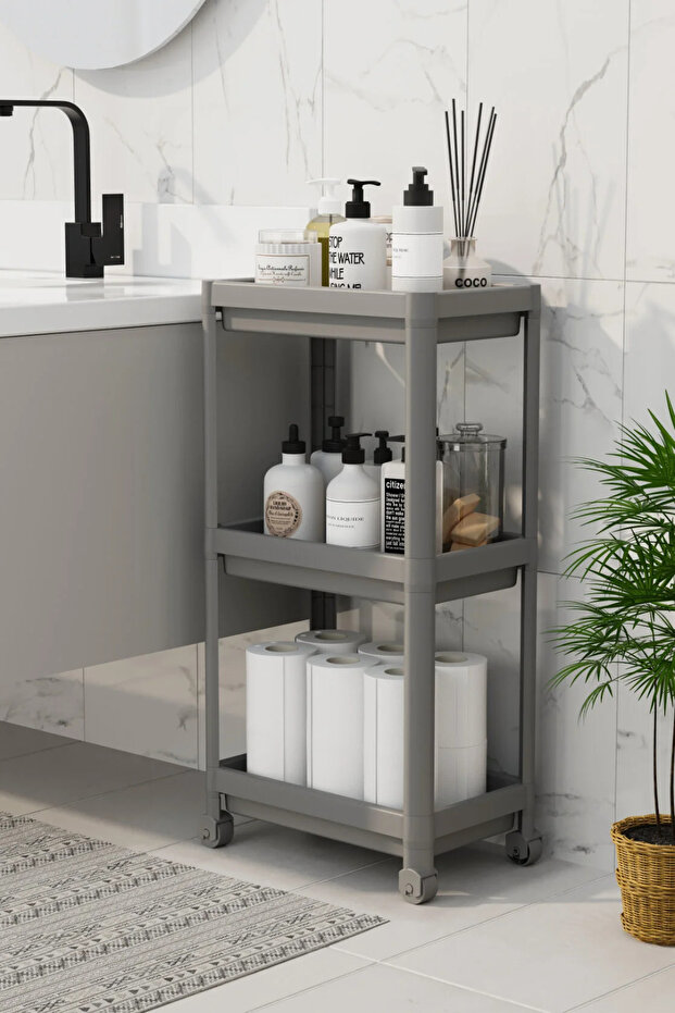 3-Tier Bathroom Shelf Unit (Peggy) White Bathroom Organizer Shampoo Holder Towel Holder Cabinet (Gray)