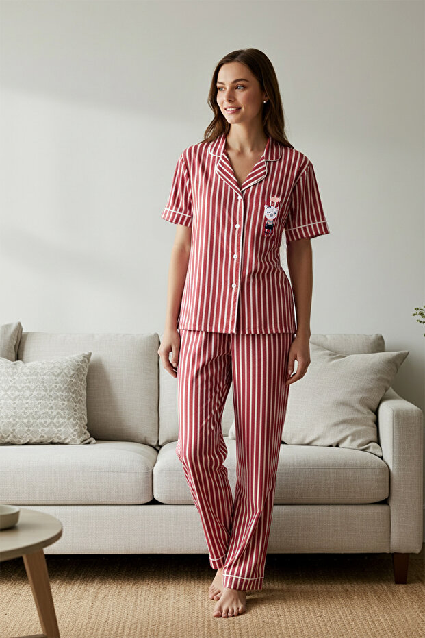 Pembe Çizgili Hayvan Baskılı Gömlek-Pantolon Örme Pijama Takımı THMSS21PT0878 - 2