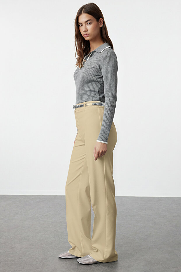 Bej Straight/Düz Kesim Yüksek Bel Nervür Dikişli Dokuma Pantolon TWOSS21PL0093 - 2