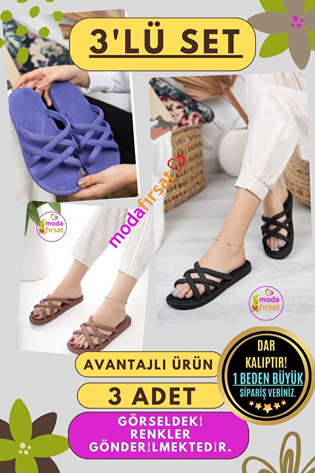 3 Pack Women's Daily Slippers Non-Slip Guest Bundle Home Beach Sea Out Slippers Triple Slippers Set
