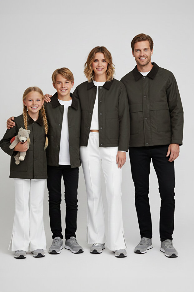 Khaki Regular Fit Velvet Collar Detailed Sezonowy Płaszcz Unisex Tmnaw25Mo00017 - 3