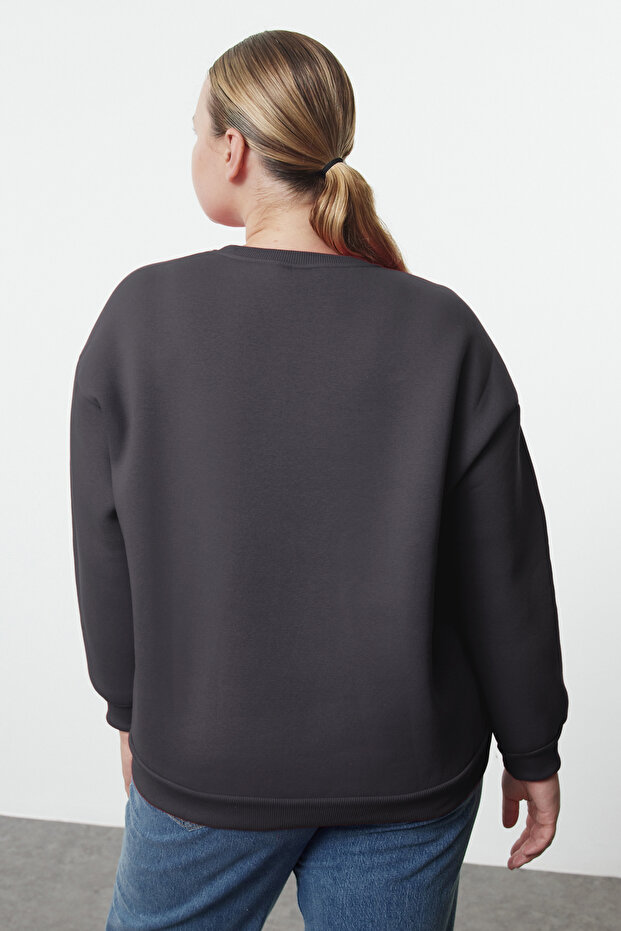 Antrasit Oversize/Bol Kesim Basic Bisiklet Yaka Kalın/İçi polarlı Örme Sweatshirt TBBAW25AO00008 - 4