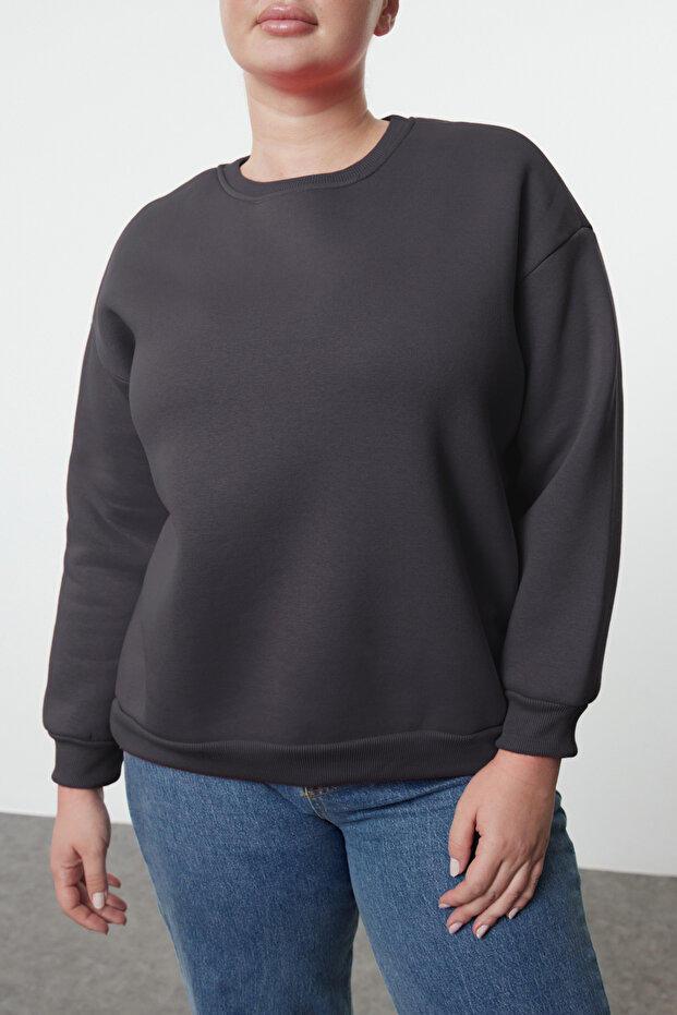 Antrasit Oversize/Bol Kesim Basic Bisiklet Yaka Kalın/İçi polarlı Örme Sweatshirt TBBAW25AO00008 - 3