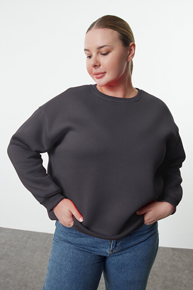 Antrasit Oversize/Bol Kesim Basic Bisiklet Yaka Kalın/İçi polarlı Örme Sweatshirt TBBAW25AO00008 - 2