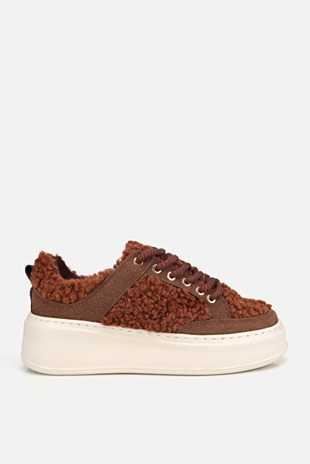 Women's Brown Fur Lace-Up Platform Sneakers