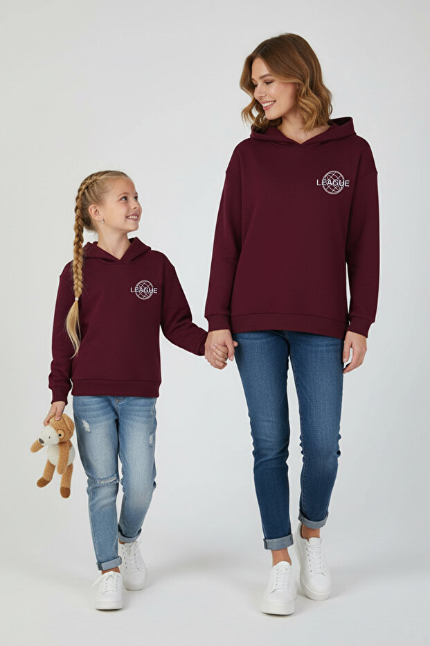 Bordo Pamuklu Slogan Baskılı Kapüşonlu Oversize Örme Unisex Çocuk Sweatshirt TKDAW26SW00010 - 1