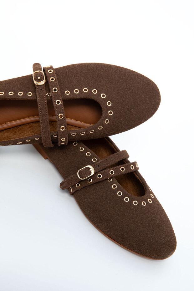 Barna velúr valódi bőr női balerina 20995 - 2