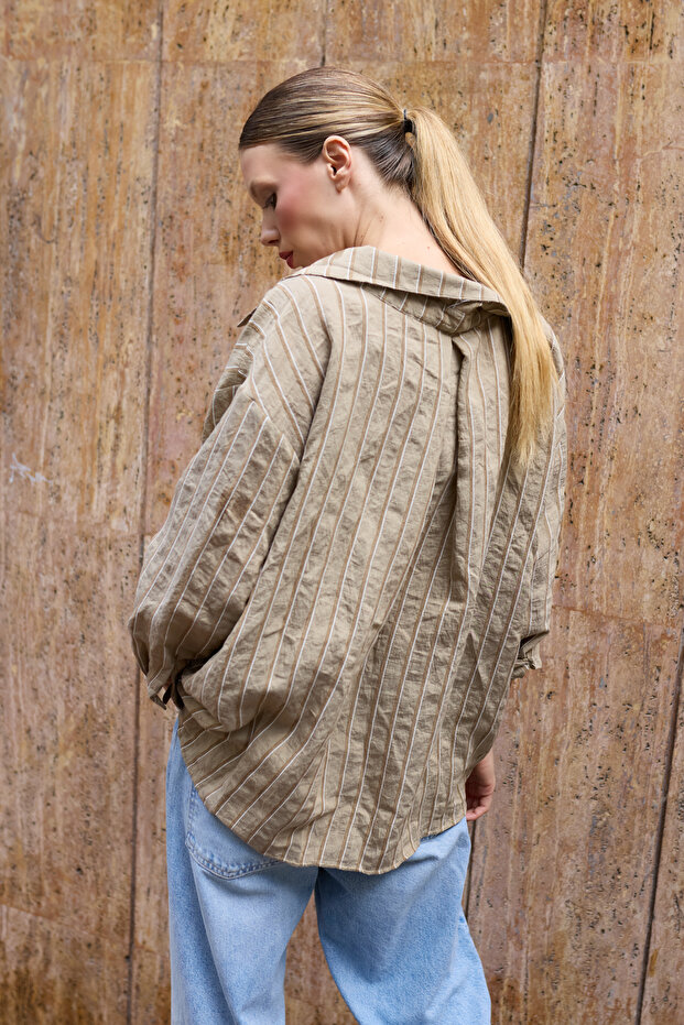 Yeşil Çizgili Oversize/Geniş Kalıp Dokulu Gömlek TWOAW26GO00083 - 5