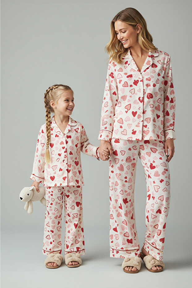 Kadın Mini Me/Anne Kız Çok Renkli Kalpli Biyeli Viskon Dokuma Pijama Takımı THMAW24PT00091 - 1
