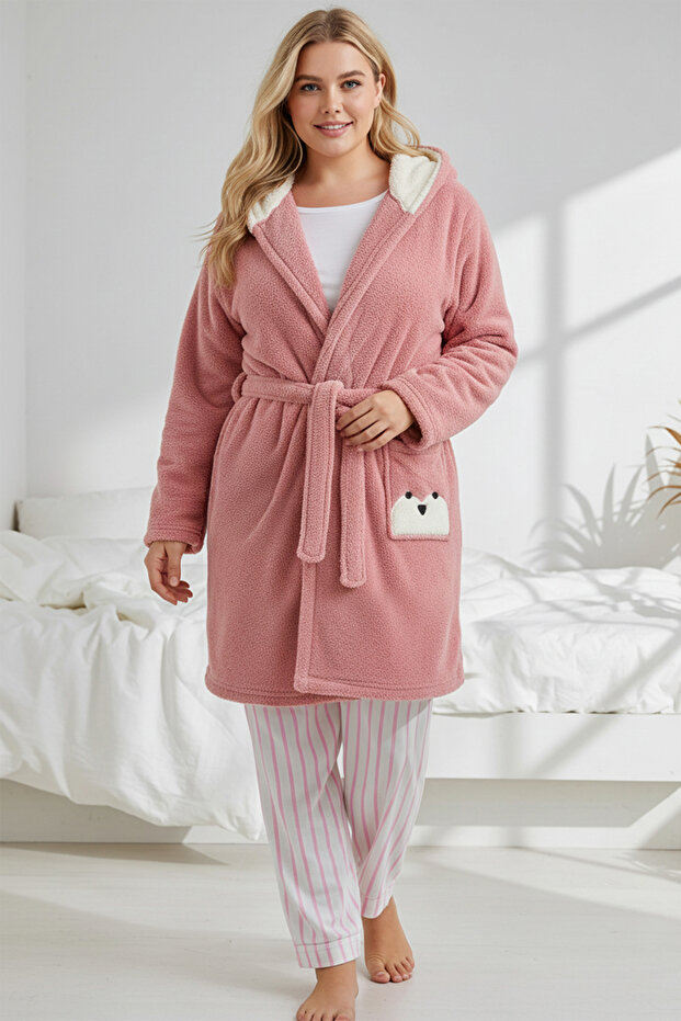 Pudra Wellsoft/Peluş Hayvan Figürlü Cepli Kapüşonlu Örme Sabahlık TBBAW24SB00013